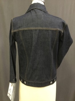 Womens, Jean Jacket, HELMUT LANG, Denim Blue, Cotton, Solid, Xs, New Dark Denim with Orange Stitch, Zip Front, 2 Flap Pocket Front, Extra Long Arms for Exaggerated Fold Up Cuff, Zipper Tape Extends Past Hem