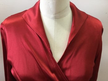 Womens, Top, LAFAYETTE 148, Dk Red, Silk, Solid, 4, Long Sleeves, Wrap, Self Tie, Collar Attached, Mults