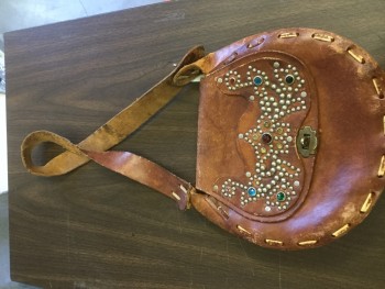 Womens, Purse, NL, Brown, Silver, Green, Red, Blue, Leather, Rhinestones, Floral, OS, Brown Leather with Flap, Silver Studs with Rhinestones, Shoulder Strap