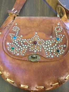 Womens, Purse, NL, Brown, Silver, Green, Red, Blue, Leather, Rhinestones, Floral, OS, Brown Leather with Flap, Silver Studs with Rhinestones, Shoulder Strap