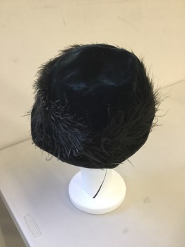 N/L, Black, Silk, Feathers, Black Velvet Hat with Ostrich Plume All Around Base of Crown, Soft Flat Top, Brim Curved on Left Side of Head,  Silk Drawstring Lining,