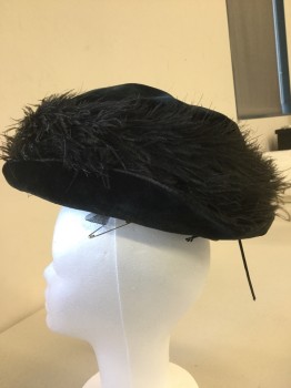 N/L, Black, Silk, Feathers, Black Velvet Hat with Ostrich Plume All Around Base of Crown, Soft Flat Top, Brim Curved on Left Side of Head,  Silk Drawstring Lining,