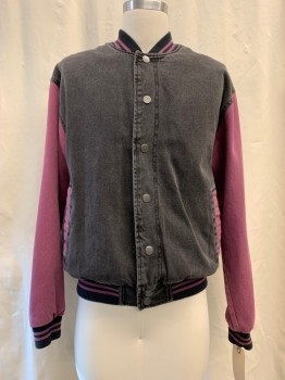 Mens, Casual Jacket, BDG, Faded Black, Purple, Cotton, Solid, M, Faded Denim Body, Purple Denim Sleeves, Snap Front, Ribbed Knit Striped Collar, Ribbed Knit Stripe Cuff/Waistband, Snap Front, 2 Purple Pockets
