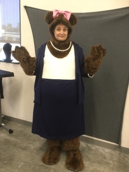 MARYLEN, Brown, Navy Blue, White, Faux Fur, Polyester, MS. BEAR:  Brown Faux Fur Onesie, Padded Belly, Long Sleeves, White Polyester Tank Front Tacked On, Pearls with Rhinestones Front Tacked On, Navy Polyester Pencil Skirt, Velcro Back, Tail  Peeking Through Skirt (Model is 5'10")