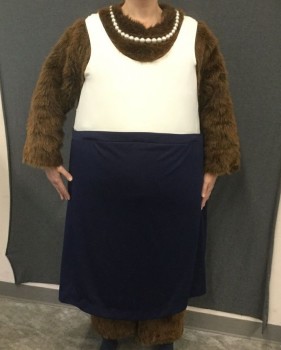 Unisex, Costume, MARYLEN, Brown, Navy Blue, White, Faux Fur, Polyester, In: 24, M, MS. BEAR:  Brown Faux Fur Onesie, Padded Belly, Long Sleeves, White Polyester Tank Front Tacked On, Pearls with Rhinestones Front Tacked On, Navy Polyester Pencil Skirt, Velcro Back, Tail  Peeking Through Skirt (Model is 5'10")