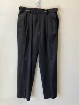 LOUIS RAPHAEL, Black, Polyester, Viscose, Solid, Double Pleats, Btn Tab/Elastic Side Waistband, Zip Front, 4 Pckts, Straight Leg, Damage On Front Right Hip & Left Knee