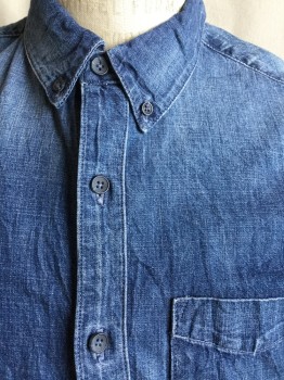 AG, Blue, Cotton, Solid, Blue Chambray, Collar Attached, Button Down, Gray Button Front, 1 Pocket, Long Sleeves, Cream Inside Collar & Cuffs