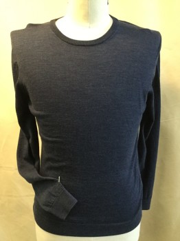 Mens, Pullover Sweater, H & M, Navy Blue, Gray, Blue, Polyester, Wool, Heathered, L, Heather Navy/gray/blue, Ribbed Crew Neck, Long Sleeves Cuffs & Hem