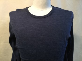 H & M, Navy Blue, Gray, Blue, Polyester, Wool, Heathered, Heather Navy/gray/blue, Ribbed Crew Neck, Long Sleeves Cuffs & Hem