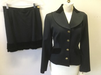 Womens, Suit, Jacket, VIVIENNE WESTWOOD, Black, Wool, Solid, 6/8, 4 Buttons, Peaked Lapel, Black Velvet Lined Collar & Trim, 3 Pockets,