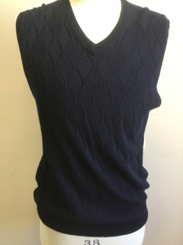 Mens, Sweater Vest, CLUB ROOM, Navy Blue, Wool, Acrylic, Argyle, Solid, M, Self Argyle, V-neck, Pull Over