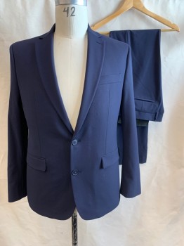 INC, Navy Blue, Polyester, Viscose, Solid, Single Breasted, Collar Attached, Notched Lapel, 3 Pockets