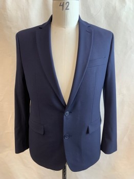 INC, Navy Blue, Polyester, Viscose, Solid, Single Breasted, Collar Attached, Notched Lapel, 3 Pockets