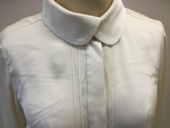 MILLY NY, Ivory White, Silk, Spandex, Solid, Long Sleeves, Peter Pan Collar, Pin Tucks Center Front, Hidden Plastic Buttons Center Front,