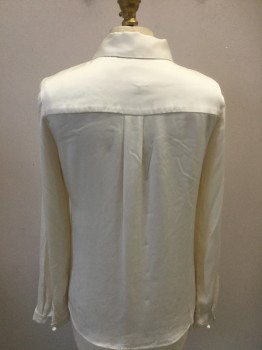 MILLY NY, Ivory White, Silk, Spandex, Solid, Long Sleeves, Peter Pan Collar, Pin Tucks Center Front, Hidden Plastic Buttons Center Front,