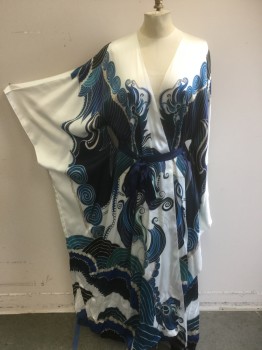 Womens, SPA Robe, MENG, White, Navy Blue, Turquoise Blue, Silk, Novelty Pattern, M, Caftan, Navy Belt, Wrap, Chinese Ocean Waves Printed