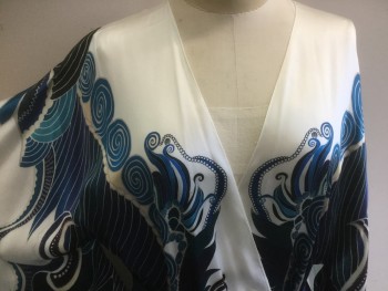 Womens, SPA Robe, MENG, White, Navy Blue, Turquoise Blue, Silk, Novelty Pattern, M, Caftan, Navy Belt, Wrap, Chinese Ocean Waves Printed