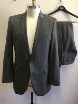 HUGO BOSS, Black, White, Wool, Birds Eye Weave, Appears Charcoal, Single Breasted, Notched Lapel, 2 Buttons,  3 Pockets