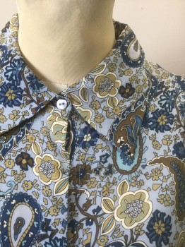 ALLISON TAYLOR, Lt Blue, Brown, Navy Blue, Sage Green, Cream, Silk, Paisley/Swirls, Floral, Light Blue Background with Busy Brown/Navy/Cream/Sage/Etc Paisley and Floral Pattern, Chiffon, Long Sleeve Button Front, Collar Attached
