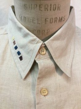 EAST ISLAND, Khaki Brown, Linen, Long Sleeves, Collar Attached, 1 Pocket, Button Front. Steel Blue, Peach & Brown Yarn Embroidery Detail at Pocket, Right Collar Front, Cuffs
