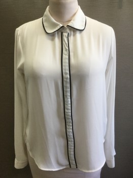FOREVER 21, White, Black, Polyester, Solid, White with Black Trim, Sheer Crepe, Long Sleeve Button Front, Peter Pan Collar