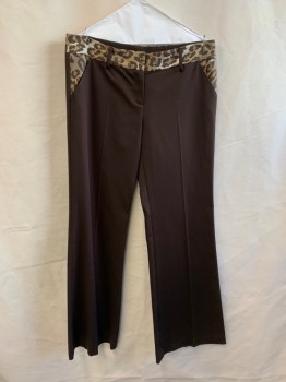 DVF, Brown, Tan Brown, Lt Brown, Polyester, Solid, Animal Print, 3 Pockets, Belt Loops, Zip Fly, Wide Leg, Leopard Pattern on Waistband and Pockets