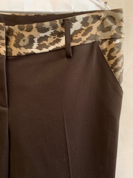 DVF, Brown, Tan Brown, Lt Brown, Polyester, Solid, Animal Print, 3 Pockets, Belt Loops, Zip Fly, Wide Leg, Leopard Pattern on Waistband and Pockets