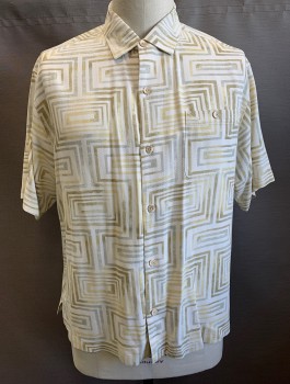 TOMMY BAHAMA, Cream, Tan Brown, Olive Green, Gray, Silk, Geometric, Short Sleeve Button Front, Collar Attached, 1 Patch Pocket with 1 Button Closure, Earthy Wood-like Buttons