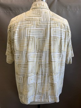 TOMMY BAHAMA, Cream, Tan Brown, Olive Green, Gray, Silk, Geometric, Short Sleeve Button Front, Collar Attached, 1 Patch Pocket with 1 Button Closure, Earthy Wood-like Buttons