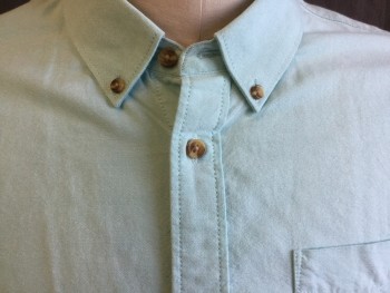 VANS, Sea Foam Green, Cotton, Solid, Collar Attached, Heather Slate Blue Inside Collar Attached and Placket Front,  Button Down, Button Front, 1 Pocket, Short Sleeves, Curved Hem