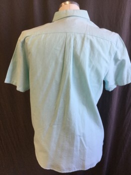 VANS, Sea Foam Green, Cotton, Solid, Collar Attached, Heather Slate Blue Inside Collar Attached and Placket Front,  Button Down, Button Front, 1 Pocket, Short Sleeves, Curved Hem