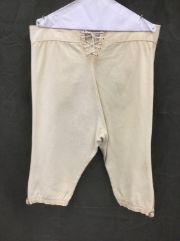 Mens, Historical Fiction Pants, N/L, Cream, Cotton, Solid, W:37, Military Uniform Breeches, Brushed Twill, Fall Front, Knee Length,  2 Self Fabric Buttons at Fly, 1 Faux Welt Pocket, Lace Up at Center Back, Gold Buttons at Hem, Gold Buckle Cuff Hem, Suspender Buttons, Late 1700's Early 1800's Made To Order Reproduction