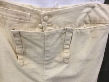 Mens, Historical Fiction Pants, N/L, Cream, Cotton, Solid, W:37, Military Uniform Breeches, Brushed Twill, Fall Front, Knee Length,  2 Self Fabric Buttons at Fly, 1 Faux Welt Pocket, Lace Up at Center Back, Gold Buttons at Hem, Gold Buckle Cuff Hem, Suspender Buttons, Late 1700's Early 1800's Made To Order Reproduction