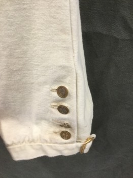 N/L, Cream, Cotton, Solid, Military Uniform Breeches, Brushed Twill, Fall Front, Knee Length,  2 Self Fabric Buttons at Fly, 1 Faux Welt Pocket, Lace Up at Center Back, Gold Buttons at Hem, Gold Buckle Cuff Hem, Suspender Buttons, Late 1700's Early 1800's Made To Order Reproduction