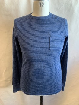Mens, Pullover Sweater, RELWEN, Blue, Black, Wool, Stripes, L, Crew Neck, Long Sleeves, Ribbed Knit Cuff/Collar/Waistband