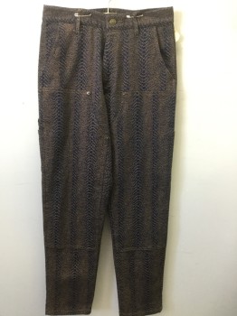 CHINATOWN MARKET, Indigo Blue, Lt Brown, Poly/Cotton, Elastane, Reptile/Snakeskin, 2 Color Weave, Reptile Pattern, Club Carpenter Pant, 6+ Pockets, Peace Sign Button , Zip Fly, Patch Rear Right Pocket
