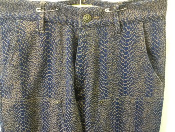 CHINATOWN MARKET, Indigo Blue, Lt Brown, Poly/Cotton, Elastane, Reptile/Snakeskin, 2 Color Weave, Reptile Pattern, Club Carpenter Pant, 6+ Pockets, Peace Sign Button , Zip Fly, Patch Rear Right Pocket