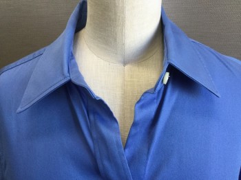 BANANA REPUBLIC, French Blue, Cotton, Lycra, Solid, Collar Attached, Button Front, Long Sleeves, Curved Hem