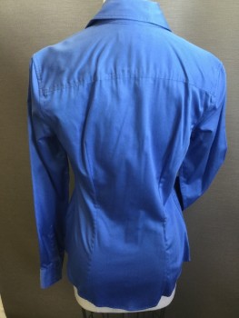 BANANA REPUBLIC, French Blue, Cotton, Lycra, Solid, Collar Attached, Button Front, Long Sleeves, Curved Hem