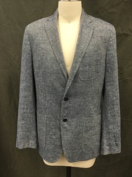 BANANA REPUBLIC, Blue, White, Linen, 2 Color Weave, Check - Micro , Single Breasted, Collar Attached, Notched Lapel, 3 Pockets, 2 Buttons, Self Elbow Patch