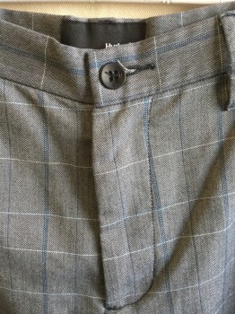 Mens, Shorts, HURLEY, Heather Gray, Teal Blue, Baby Blue, Cream, Cotton, Polyester, Herringbone, Plaid-  Windowpane, 36, 1.5" Waistband with Belt Hoops, Flat Front, Zip Front, 5 Pockets