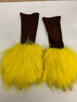 Unisex, Piece 3, N/L, Yellow, Faux Fur, Plastic, "Grateful Dead" Bear, Pair Gloves, Furry Yellow Paws with Realistic Rubber "Claws", Attached to Brown Jersey Stretch Elbow Gloves