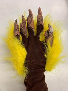 N/L, Yellow, Faux Fur, Plastic, "Grateful Dead" Bear, Pair Gloves, Furry Yellow Paws with Realistic Rubber "Claws", Attached to Brown Jersey Stretch Elbow Gloves