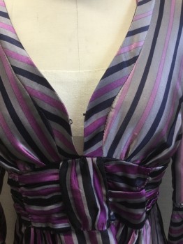 NANETTE LEPORE, Silver, Magenta Pink, Gray, Lilac Purple, Silk, Stripes, Deep V-neck, Empire Gathered Waist Band, 3/4 Sleeves with Ruffles, Back Zipper