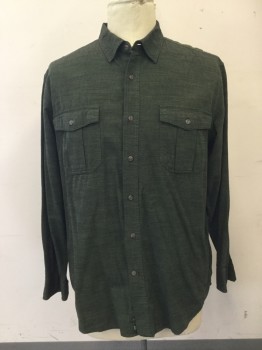 Mens, Casual Shirt, OUTDOOR LIFE, Forest Green, Cotton, Heathered, XL, Button Front, Collar Attached, Long Sleeves, 2 Flap Pockets