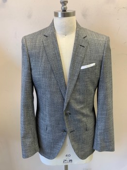HUGO BOSS, Gray, White, Wool, Viscose, Plaid-  Windowpane, Speckled, Suit Jacket, 2 Buttons, 3 Pockets, Faux Pocket Square, Notched Lapel, Double Vent