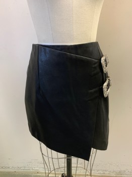 Womens, Skirt, Mini, FOREVER 21, Black, Silver, Rayon, Polyester, Solid, S, Pleather, Back Zipper, 2 Large Silver Ornate Buckles, Wrap, Asymmetrical Hem