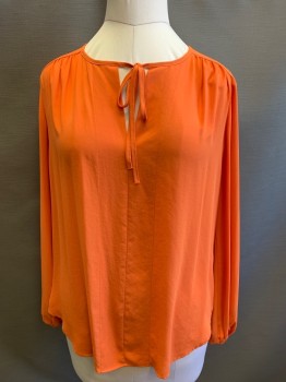Womens, Blouse, KAREN KANE, Orange, Polyester, Solid, M, Pullover, Ties at Neck, Long Sleeves with Elastic at Wrist