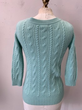 Womens, Pullover, J CREW, Mint Green, Cashmere, Cable Knit, XXS, 3/4 Sleeves, Bateau Neck