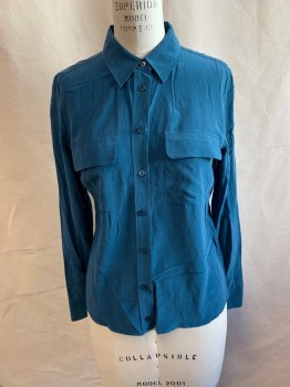 Womens, Blouse, EQUIPMENT, Teal Blue, Silk, Solid, S, Collar Attached, Button Front, Long Sleeves, 2 Pockets, Box Pleat Back